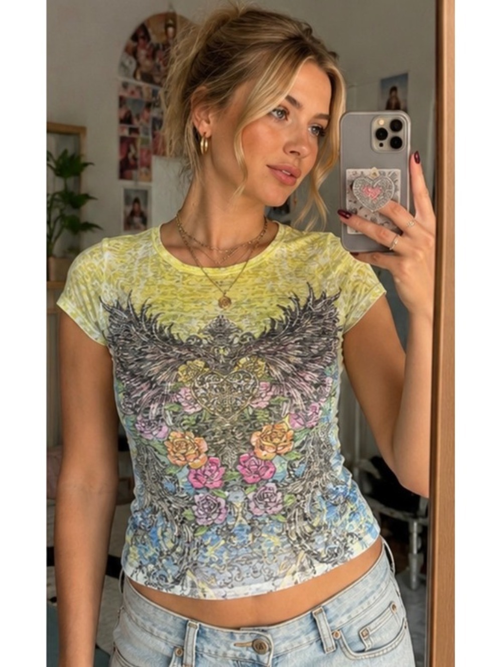 NY Girl Y2K Rhinestone Angel Wing Floral Burnout Tee M